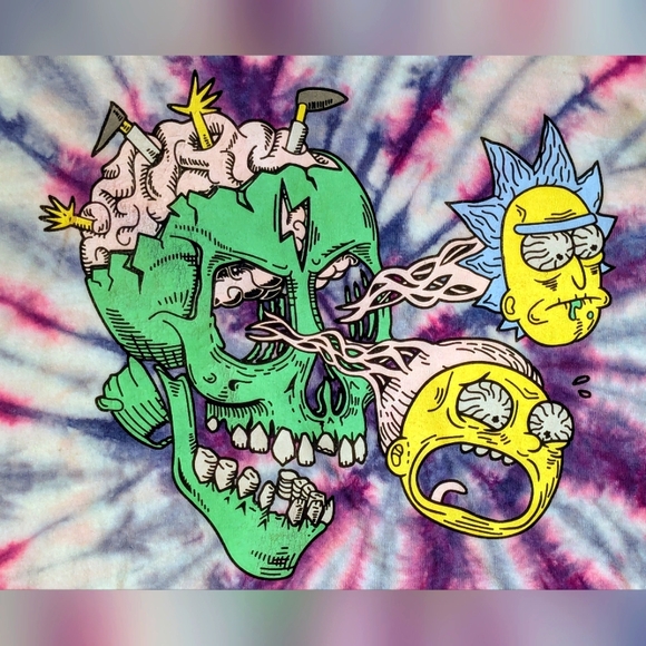 💀Rick and Morty Tie Dye Skull Tee trippy zombie neon large graphic unisex teen - Picture 1 of 7